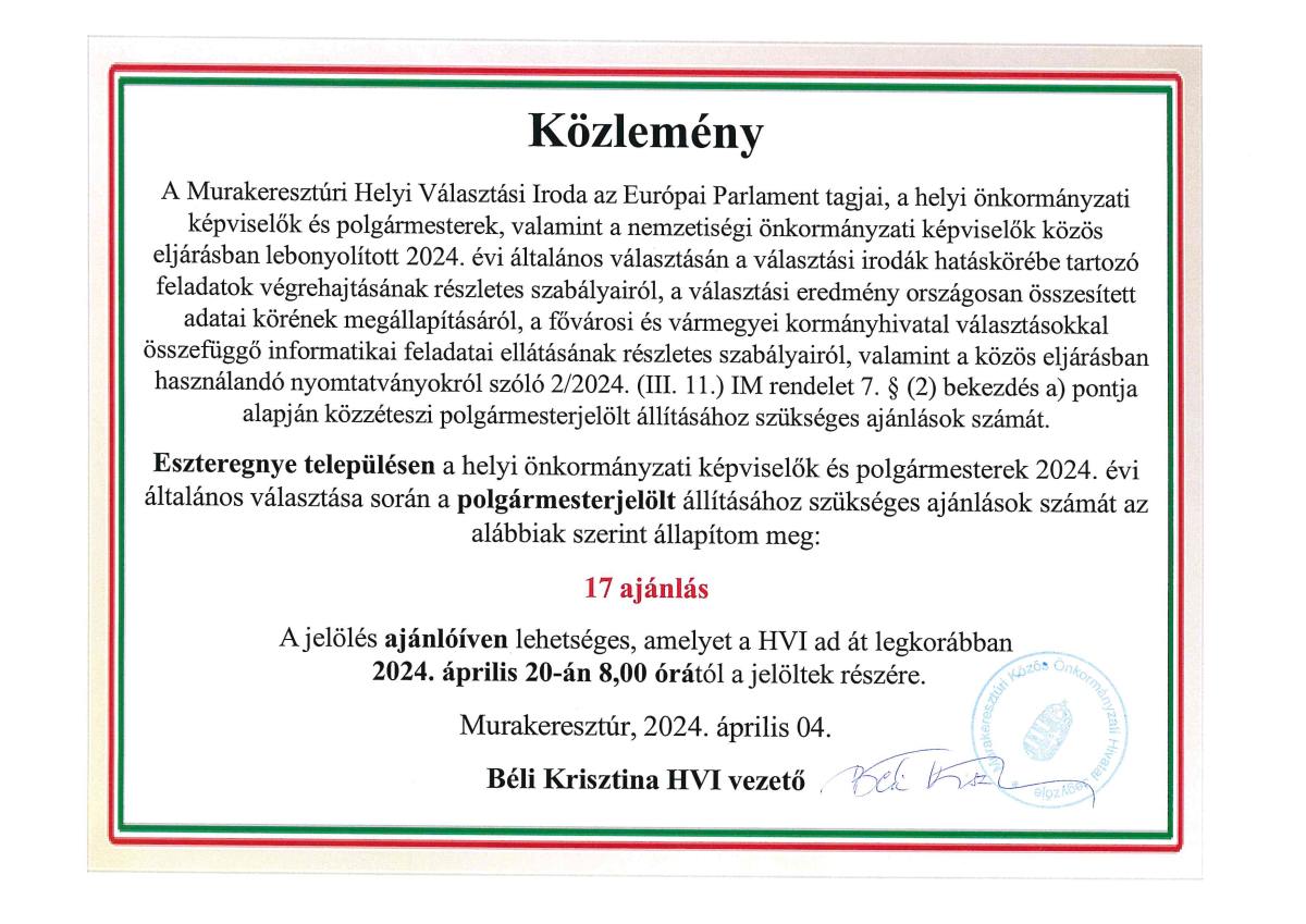 Közlemény polgármesterjelölt állításhoz szükséges ajánlások számáról